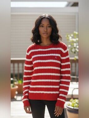 Lauren Ralph Lauren Red White Stripe Cable Knit Sweater 100% Cotton Size L